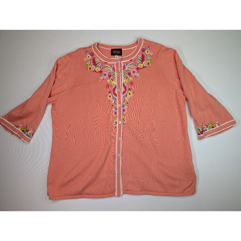 Bob Mackie Wearable Art Cardigan Sweater 2X Embroidered Fruits Flowers Tropical